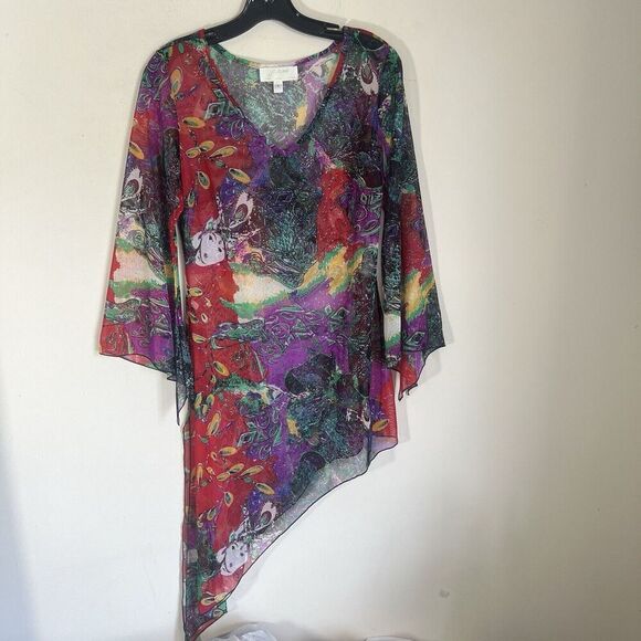 VTG Japanese Inspo Y2K Tunic Top 90s Mesh Geisha Girl Hanky Asymmetrical Hem S - Picture 2 of 10